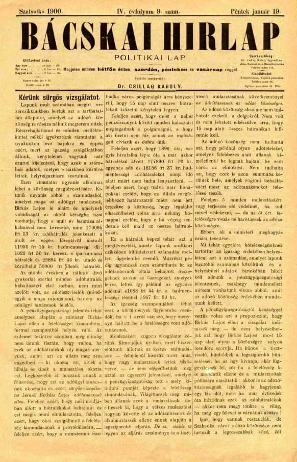 Bácskai Hirlap, 4. évf. 1900. január 19. 9. sz.