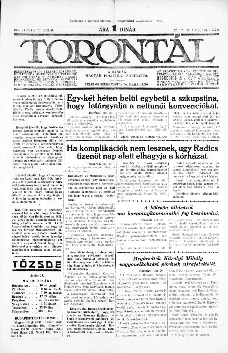Torontál, 57. évf. 1928. június 26. 146. sz.