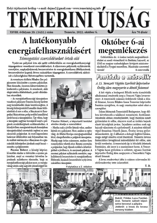 Temerini Újság, 28. évf. 2022. október 6. 39. sz.