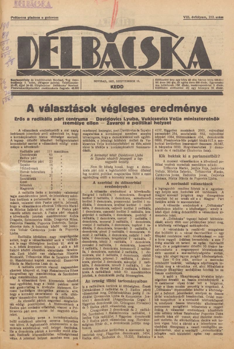 Délbácska, 8. évf. 1927. szeptember 13. 212. sz.