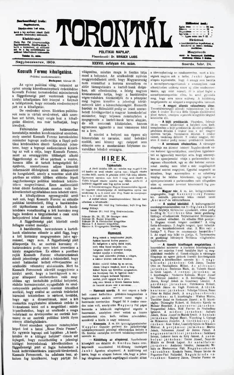 Torontál, 38. évf. 1909. február 24. 44. sz.