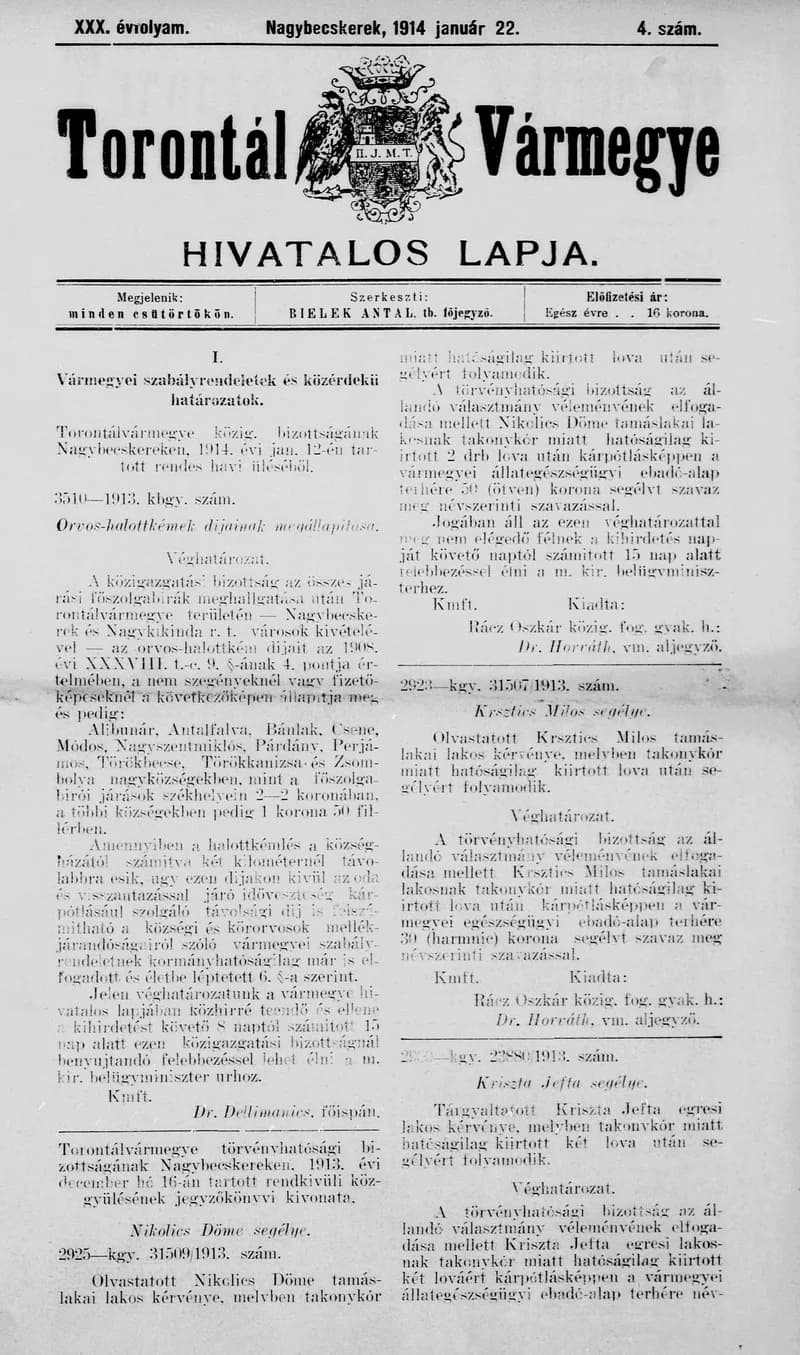 Torontál Vármegye Hivatalos Lapja, 30. évf. 1914. január 22. 4. sz.