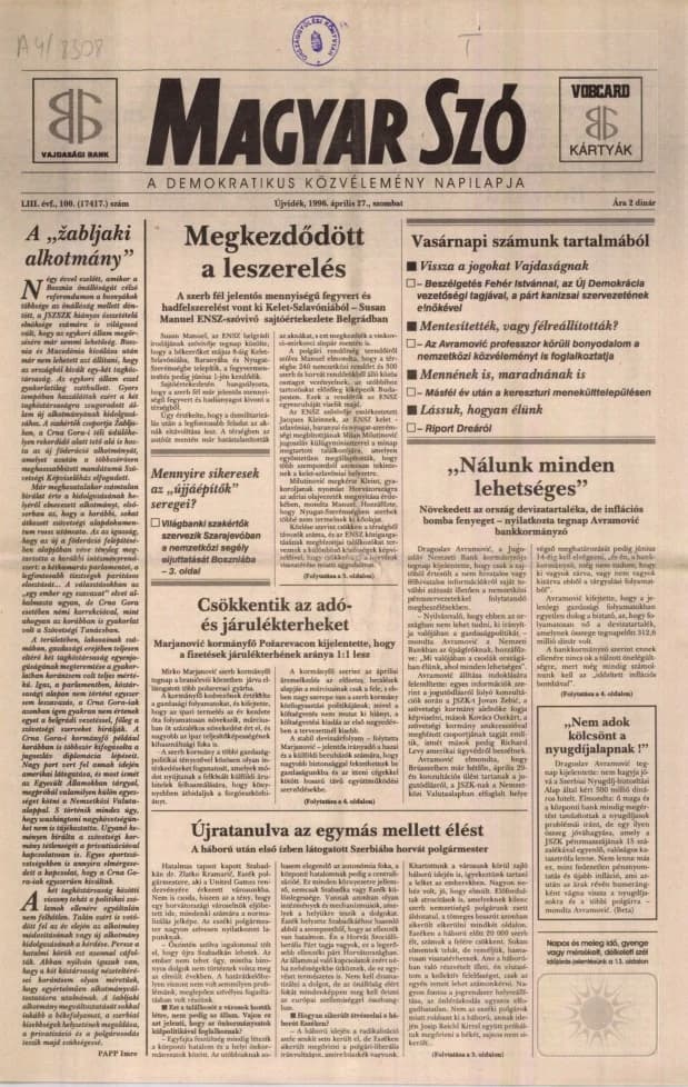 Magyar Szó, 53. évf. 1996. április 27. 100. sz. 1–16. oldal