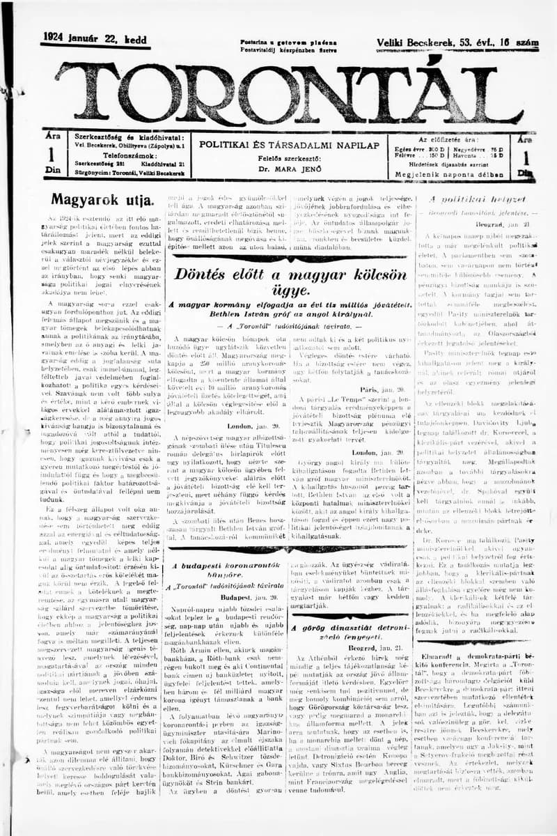 Torontál, 53. évf. 1924. január 22. 16. sz.