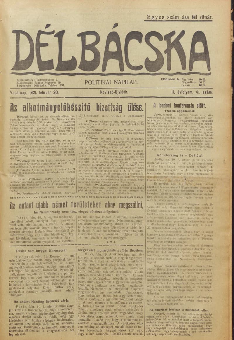 Délbácska, 2. évf. 1921. február 20. 41. sz.