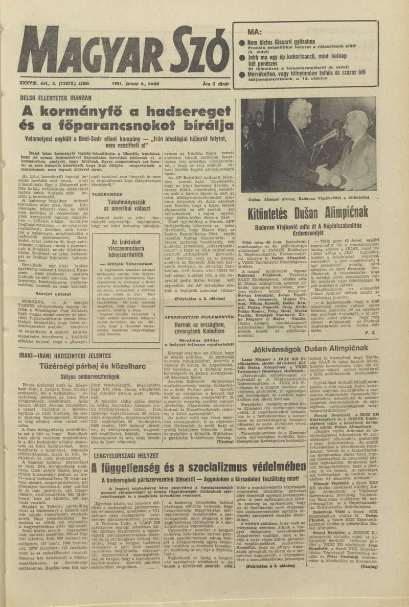 Magyar Szó, 38. évf. 1981. január 6. 4. sz. 1–20. oldal