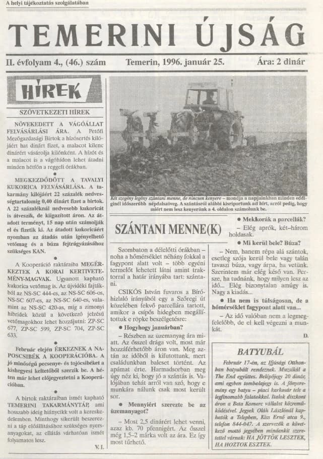 Temerini Újság, 2. évf. 1996. január 25. 4. sz.
