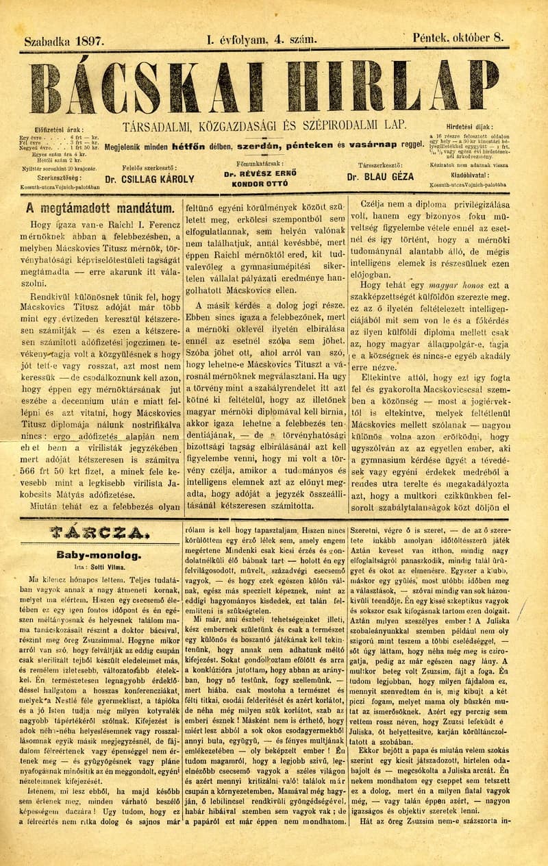 Bácskai Hirlap, 1. évf. 1897. október 8. 4. sz. 1–4. oldal