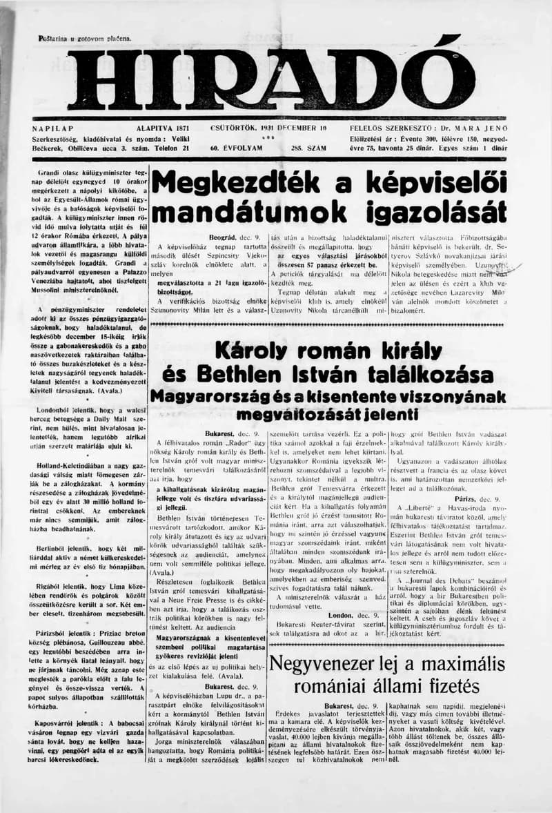 Híradó, 60. évf. 1931. december 10. 285. sz.