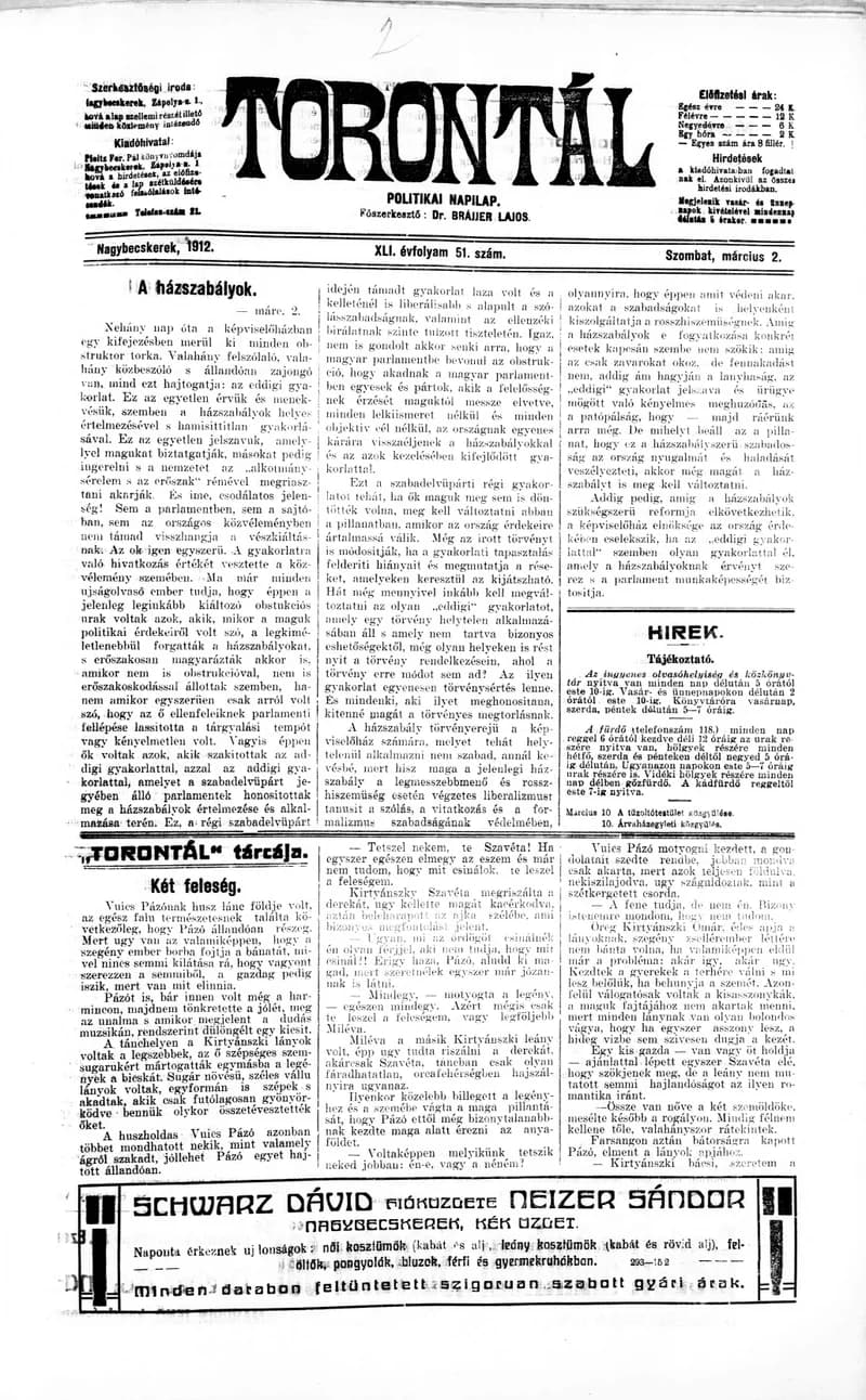 Torontál, 41. évf. 1912. március 2. 51. sz.