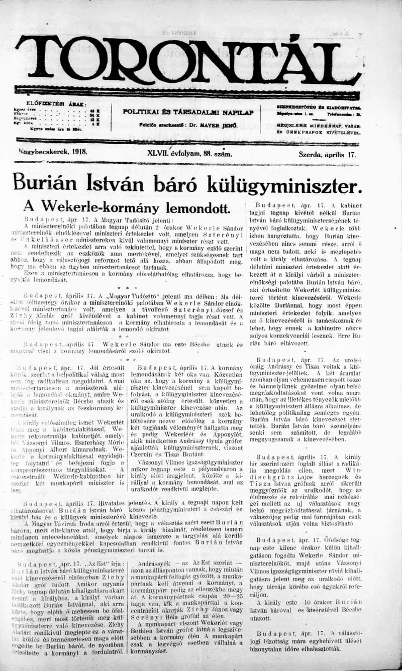 Torontál, 47. évf. 1918. április 17. 88. sz.