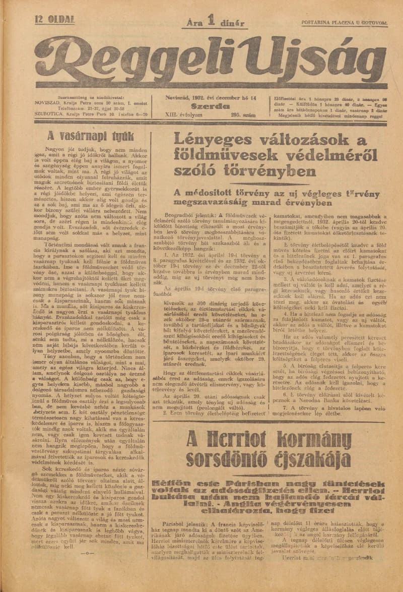Reggeli Újság, 13. évf. 1932. december 14. 295. sz.