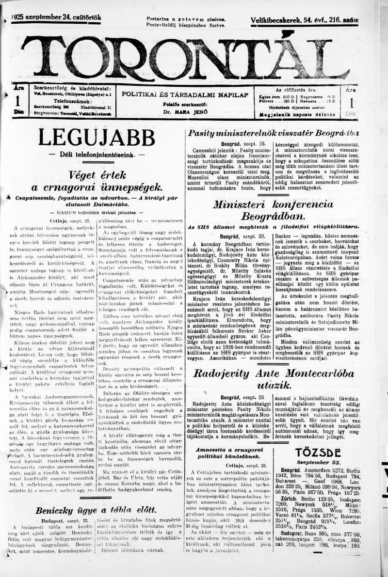 Torontál, 54. évf. 1925. szeptember 24. 216. sz.