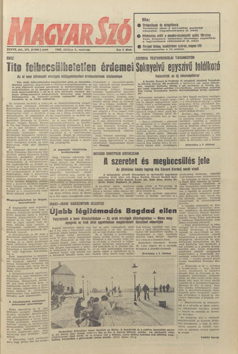 Magyar Szó, 37. évf. 1980. október 5. 275. sz. 1–28. oldal