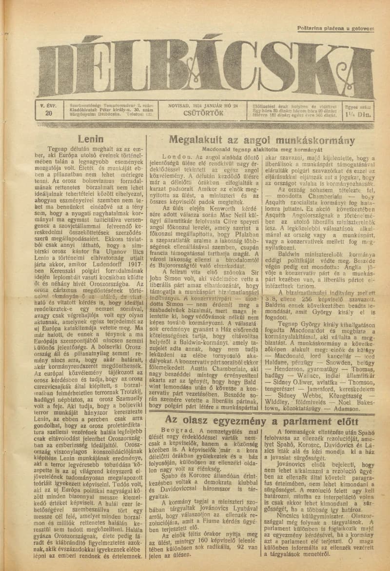 Délbácska, 5. évf. 1924. január 24. 20. sz.