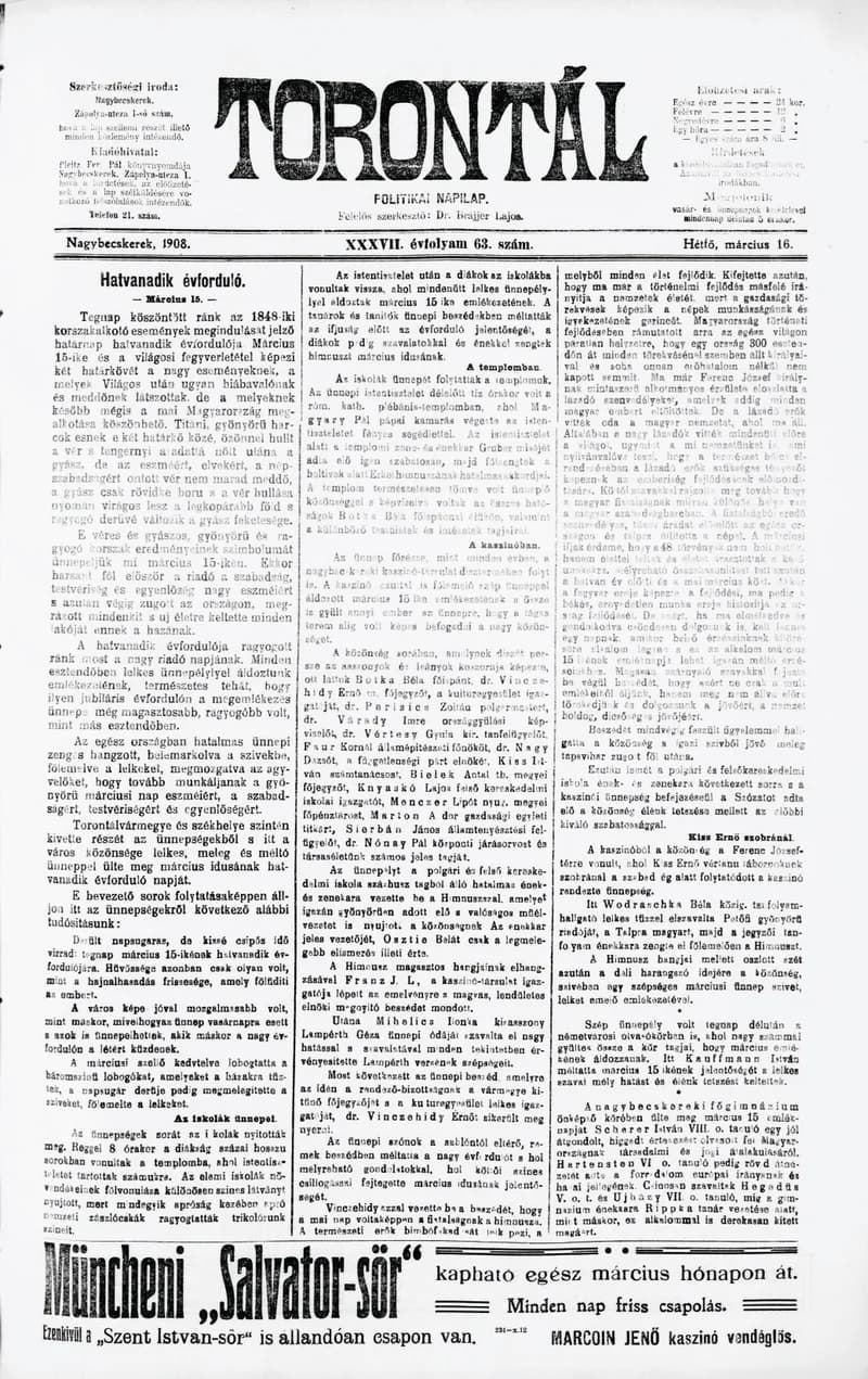Torontál, 37. évf. 1908. március 16. 63. sz.
