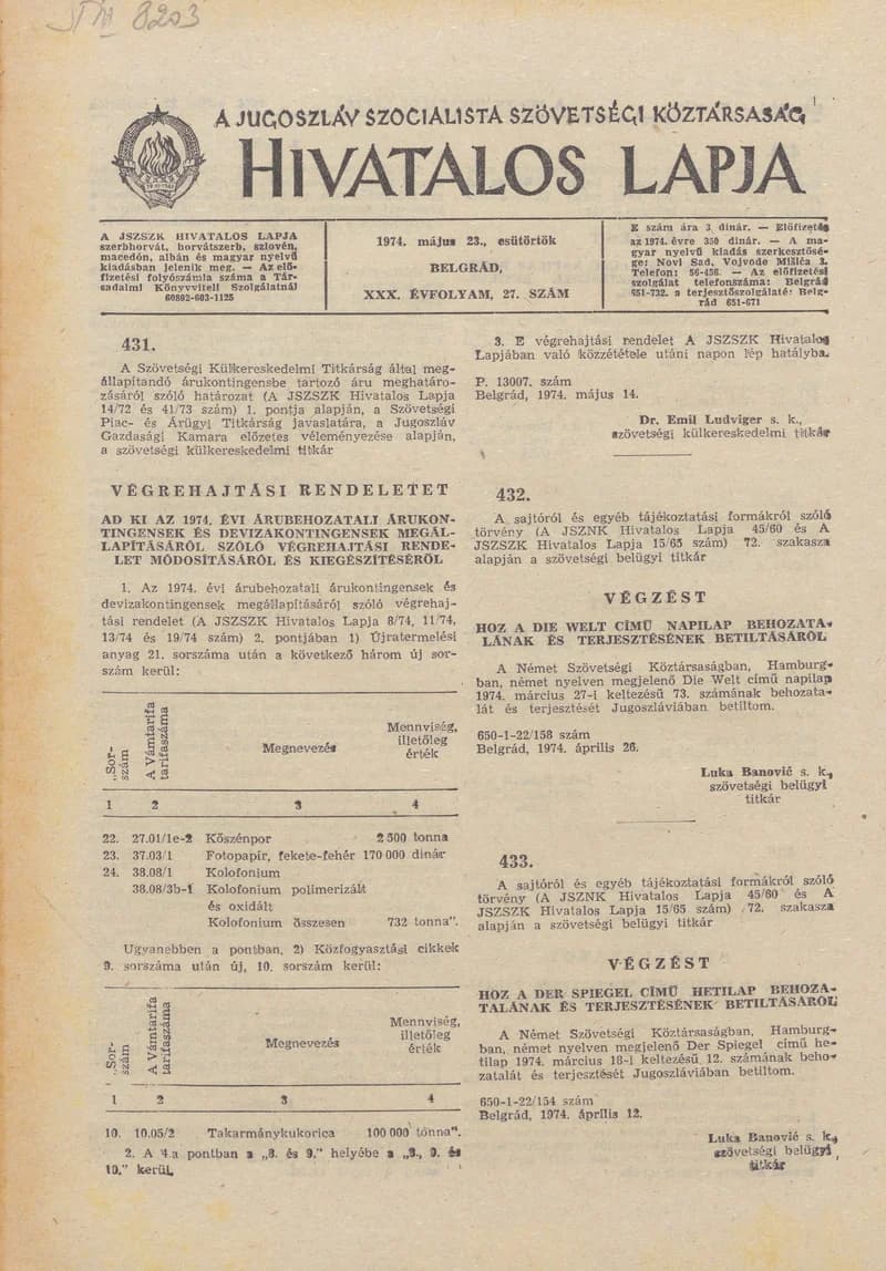 A Jugoszláv Szocialista Szövetségi Köztársaság Hivatalos Lapja, 30. évf. 1974. május 23. 27. sz. 857–868. oldal