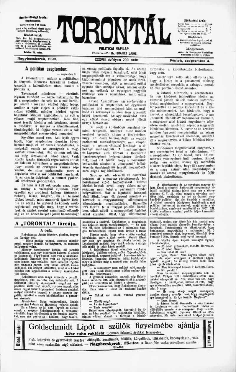 Torontál, 38. évf. 1909. szeptember 3. 200. sz.