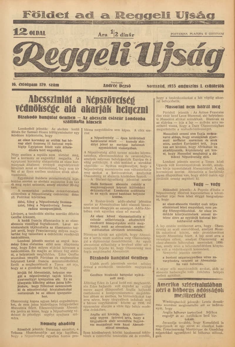 Reggeli Újság, 16. évf. 1935. augusztus 1. 179. sz.