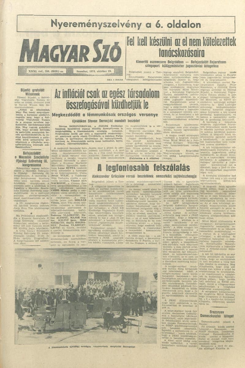 Magyar Szó, 31. évf. 1974. október 19. 288. sz. 1–20. oldal