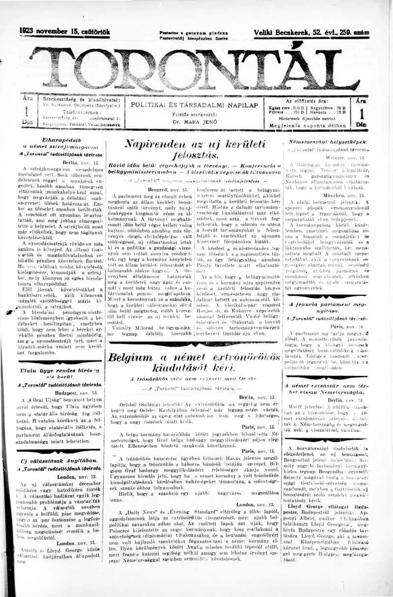 Torontál, 52. évf. 1923. november 15. 259. sz.