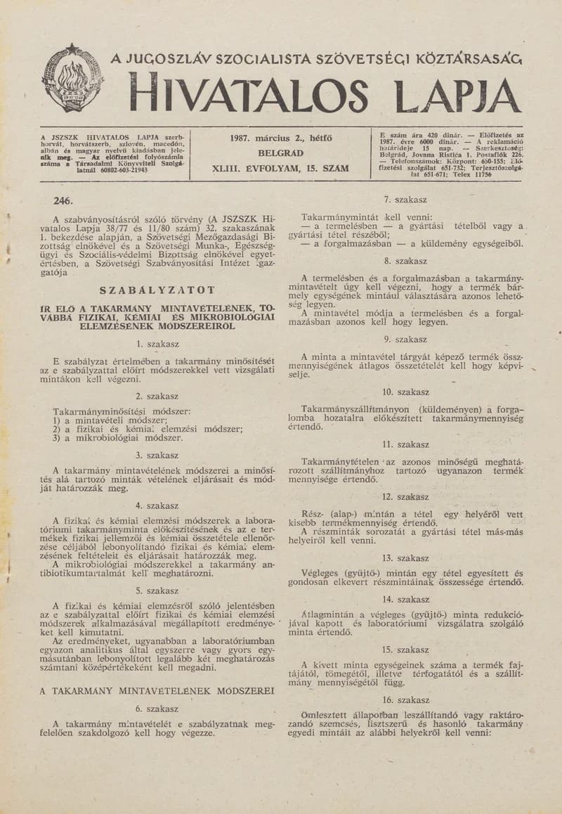A Jugoszláv Szocialista Szövetségi Köztársaság Hivatalos Lapja, 43. évf. 1987. március 2. 15. sz. 421–468. oldal