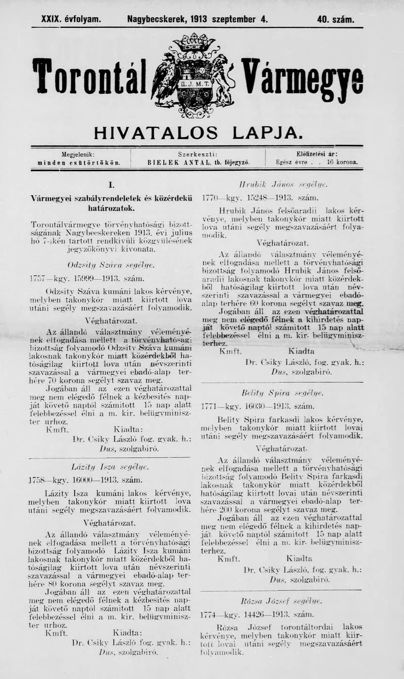 Torontál Vármegye Hivatalos Lapja, 29. évf. 1913. szeptember 4. 40. sz.