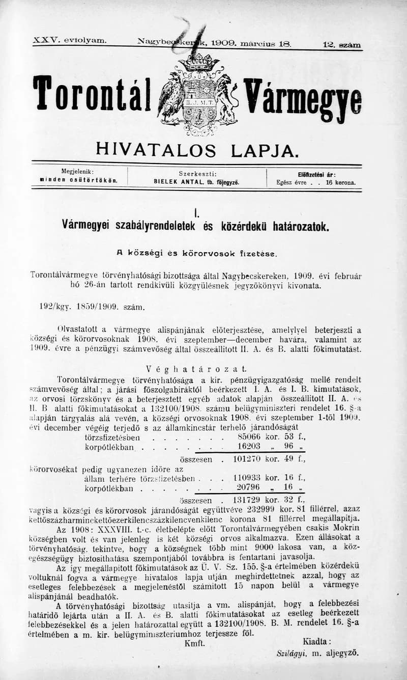 Torontál Vármegye Hivatalos Lapja, 25. évf. 1909. március 18. 12. sz.