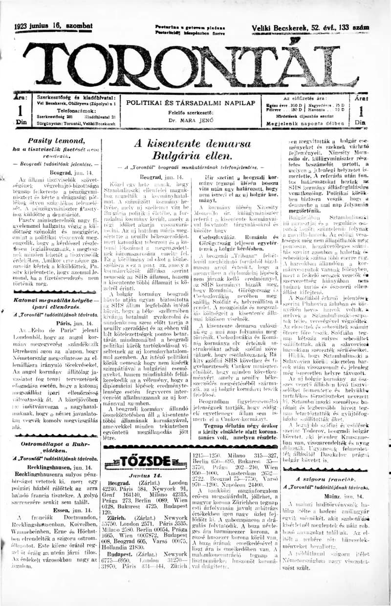 Torontál, 52. évf. 1923. június 16. 133. sz.
