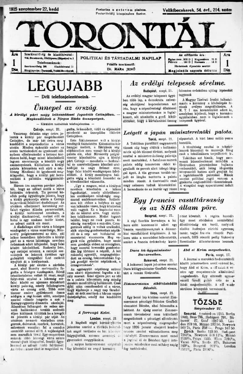 Torontál, 54. évf. 1922. szeptember 22. 214. sz.