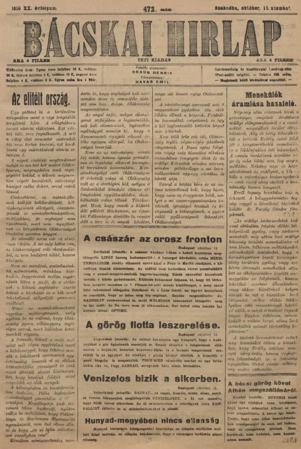 Bácskai Hirlap, 20. évf. 1916. október 14. 472. sz.
