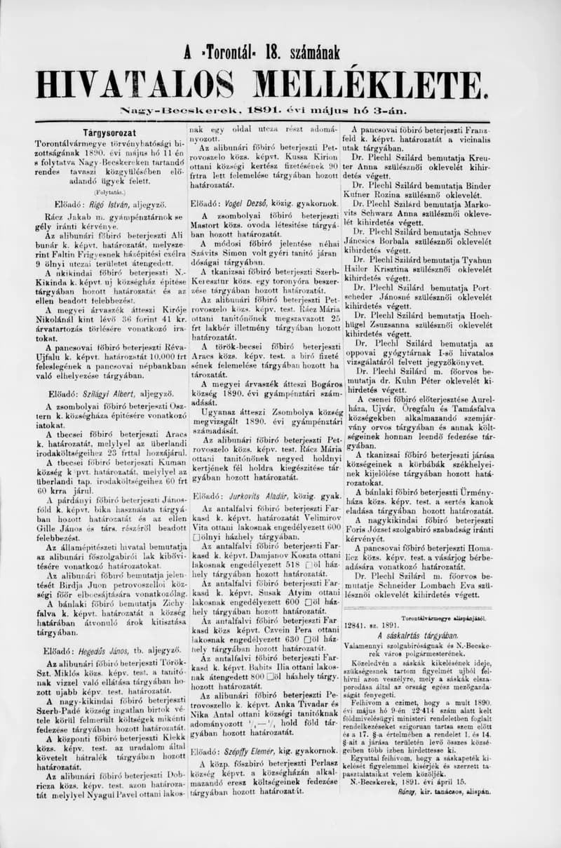 A Totontál  hivatalos melléklete, 4. évf. 1891. május 3. 18. sz.