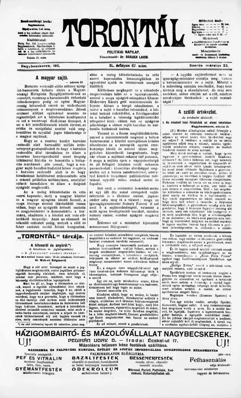 Torontál, 40. évf. 1911. március 22. 67. sz.