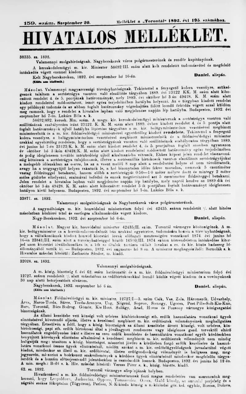 A Totontál  hivatalos melléklete, 5. évf. 1892. szeptember 20. 159. sz.