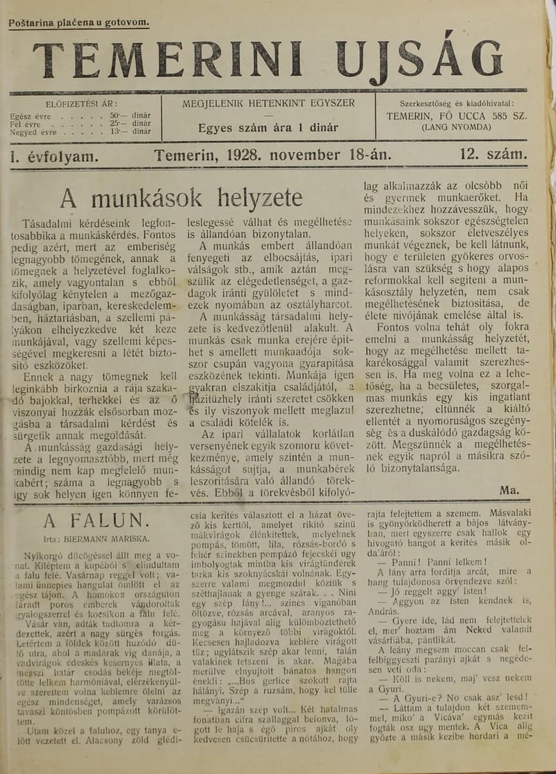 Temerini Újság 1928-1944, 1. évf. 1928. november 18. 12. sz.