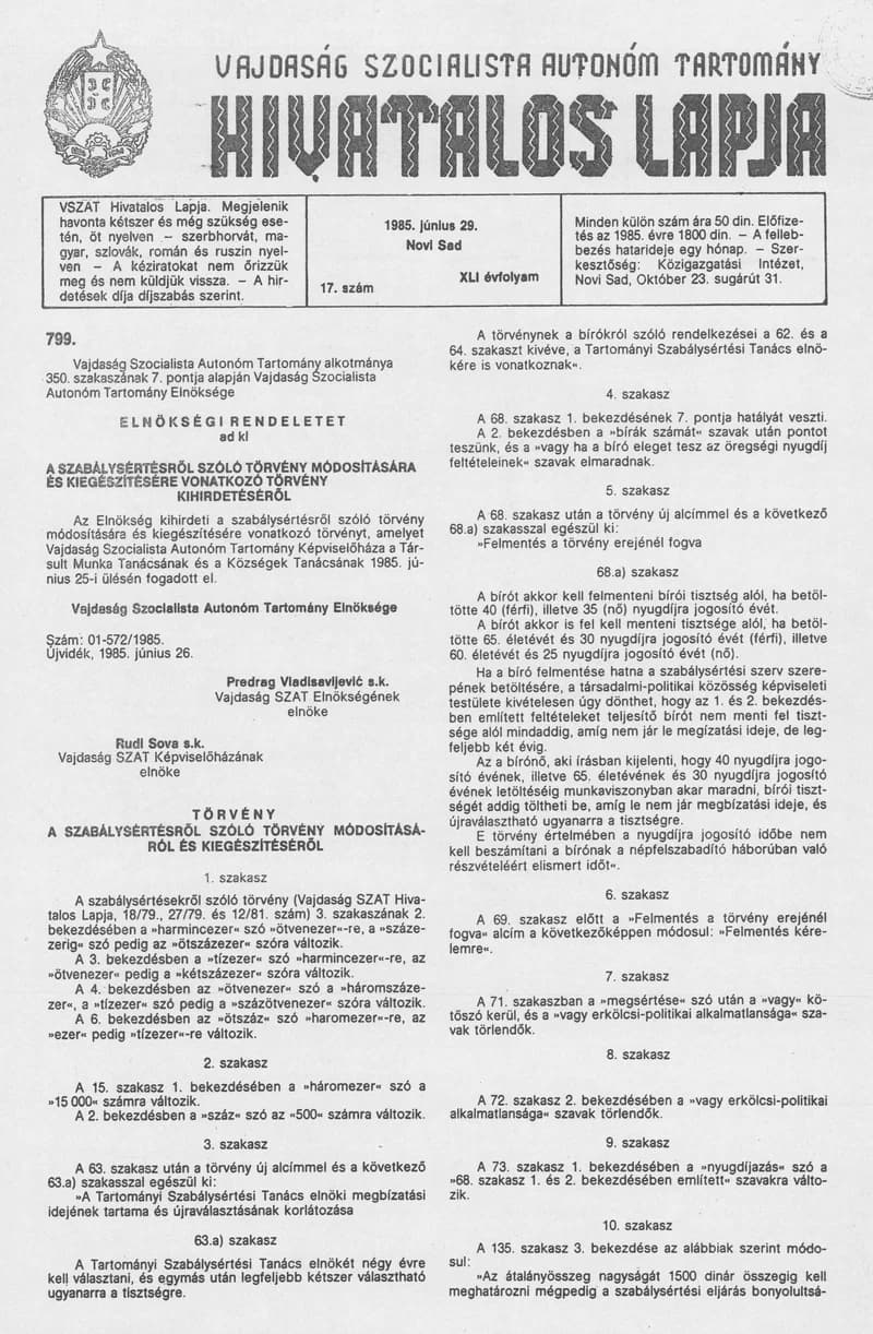 Vajdaság Szocialista Autonóm Tartomány Hivatalos Lapja, 41. évf. 1985. június 29. 17. sz.