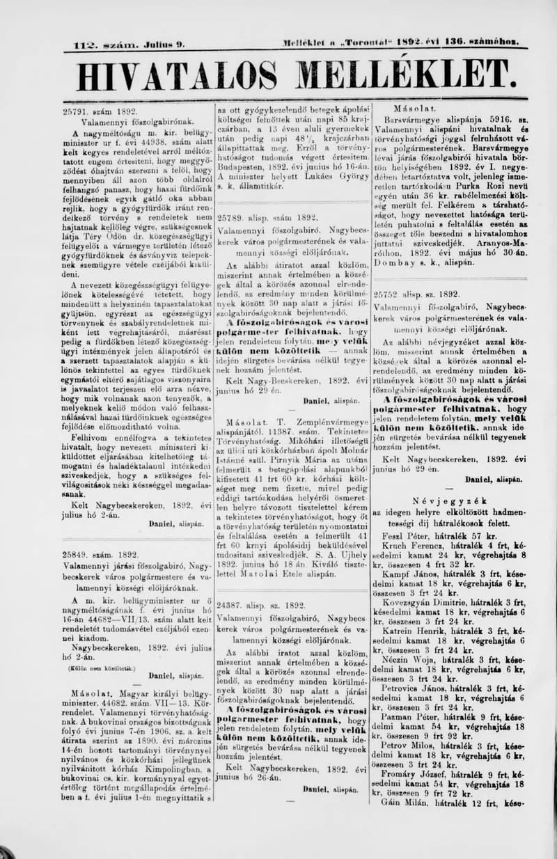 A Totontál  hivatalos melléklete, 5. évf. 1892. július 9. 112. sz.