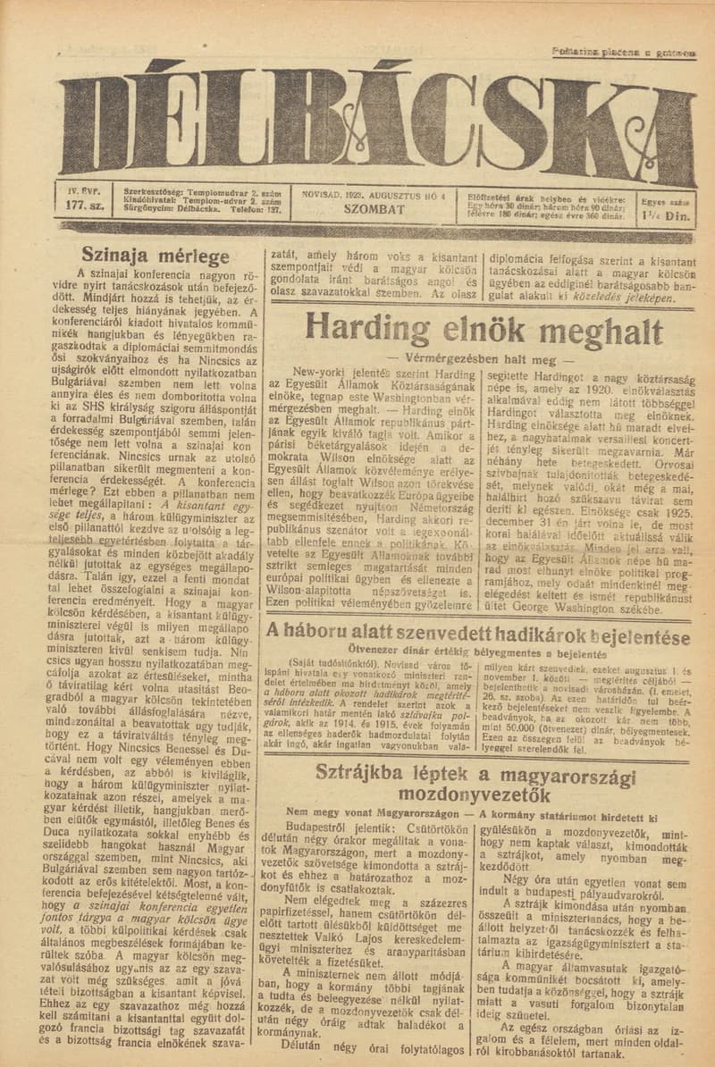 Délbácska, 4. évf. 1923. augusztus 4. 177. sz.