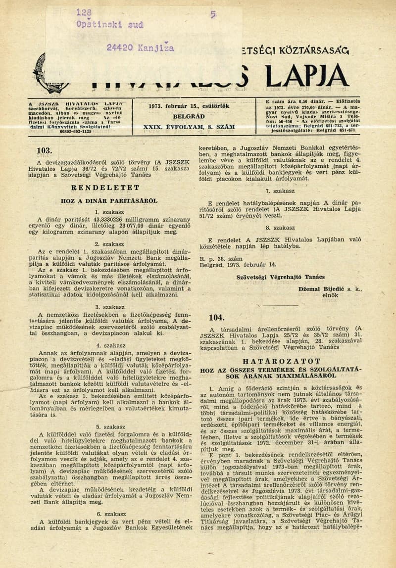 A Jugoszláv Szocialista Szövetségi Köztársaság Hivatalos Lapja, 29. évf. 1973. február 15. 8. sz. 193–196. oldal