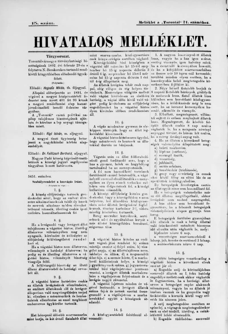 A Totontál  hivatalos melléklete, 5. évf. 1892. február 12. 15. sz.