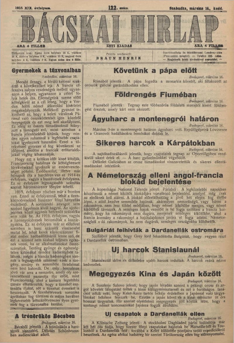 Bácskai Hirlap, 19. évf. 1915. március 16. 122. sz.