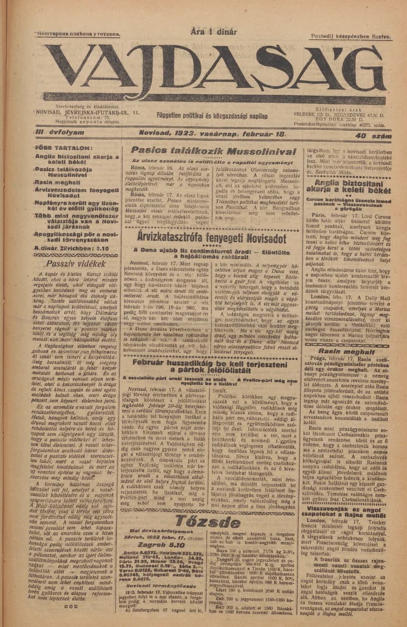 Vajdaság, 3. évf. 1923. február 18. 40. sz.