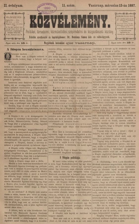 Közvélemény, 2. évf. 1887. március 13. 11. sz.