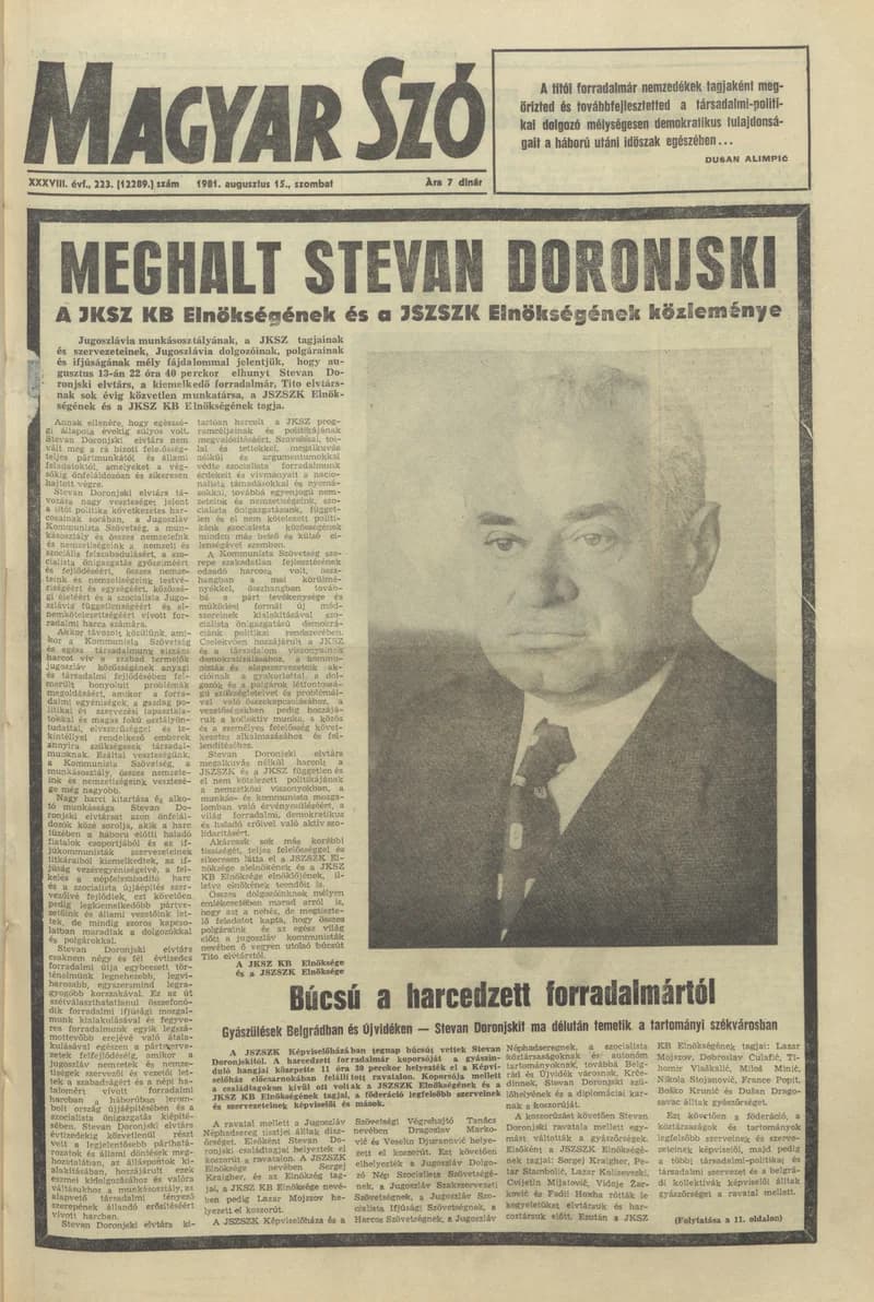 Magyar Szó, 38. évf. 1981. augusztus 15. 223. sz.