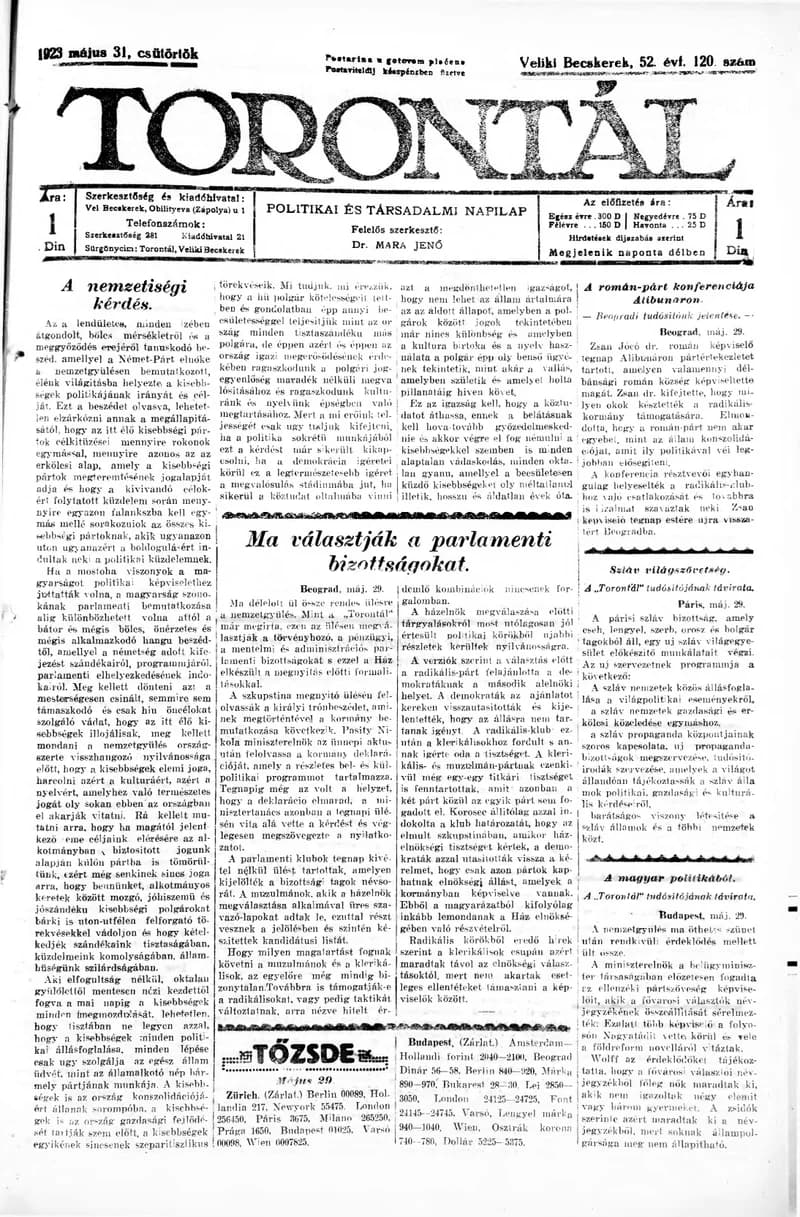 Torontál, 52. évf. 1923. május 31. 120. sz.
