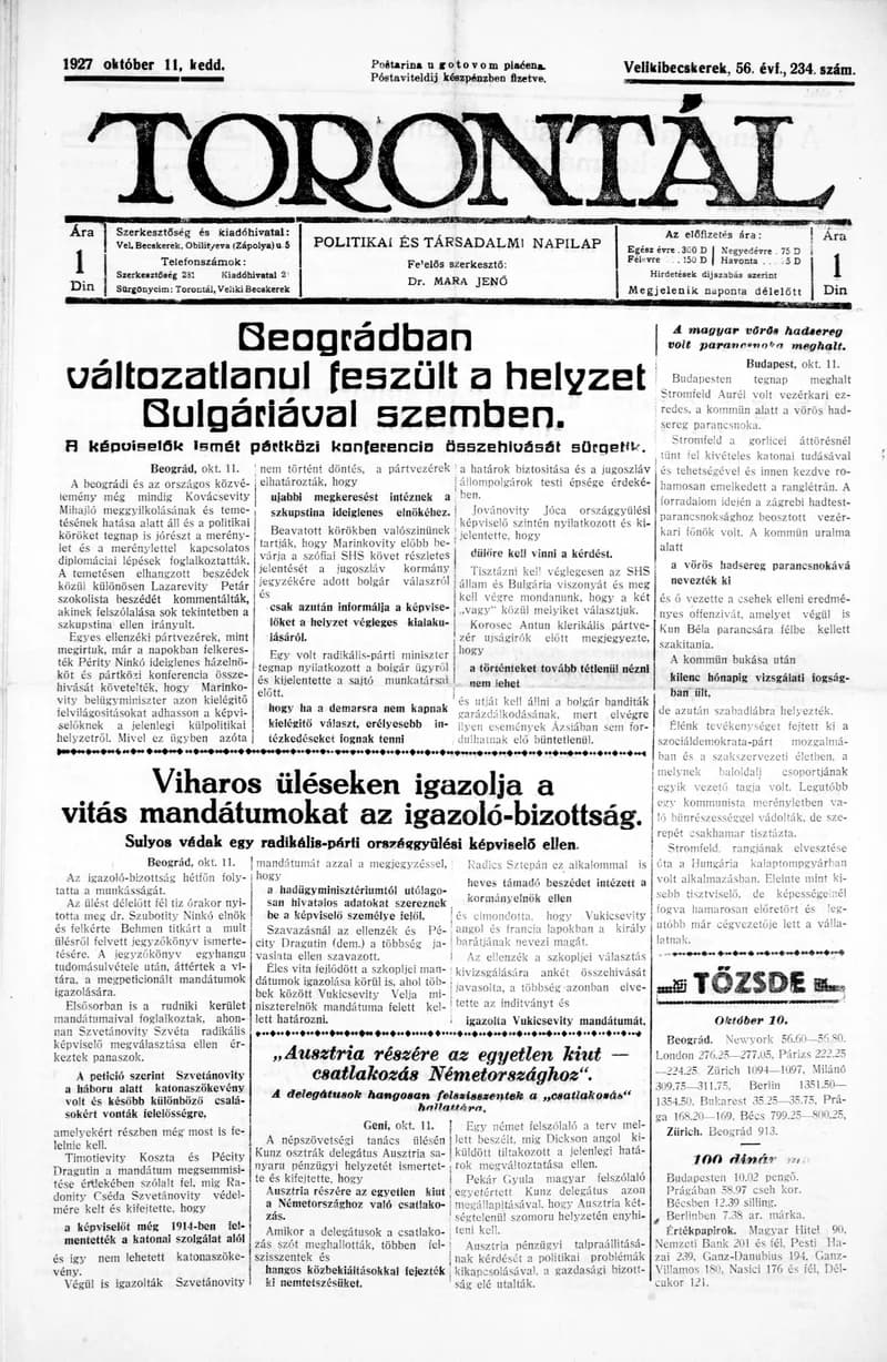 Torontál, 56. évf. 1927. október 11. 234. sz.