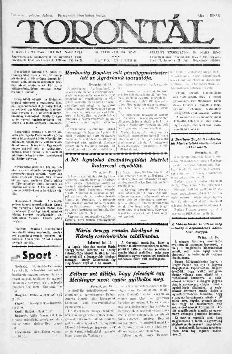 Torontál, 58. évf. 1929. július 15. 160. sz.