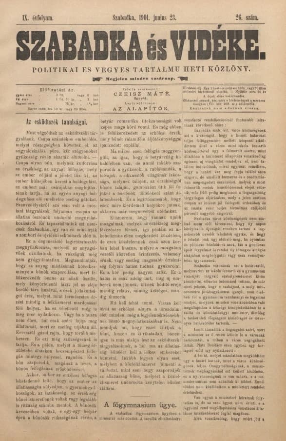Szabadka és vidéke II, 9. évf. 1901. június 23. 26. sz.