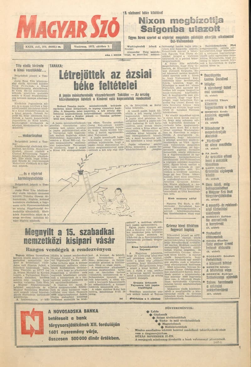 Magyar Szó, 29. évf. 1972. október 1. 271. sz. 1–28. oldal