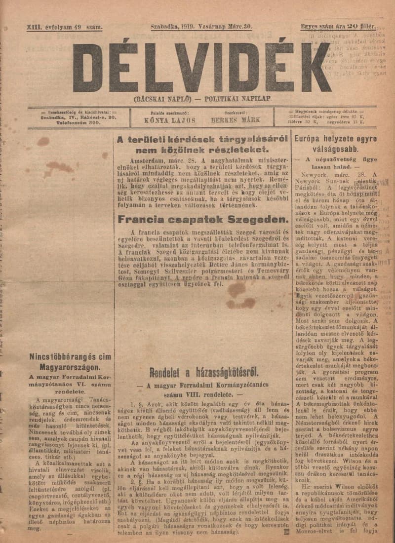 Délvidék, 13. évf. 1919. március 30. 49. sz.